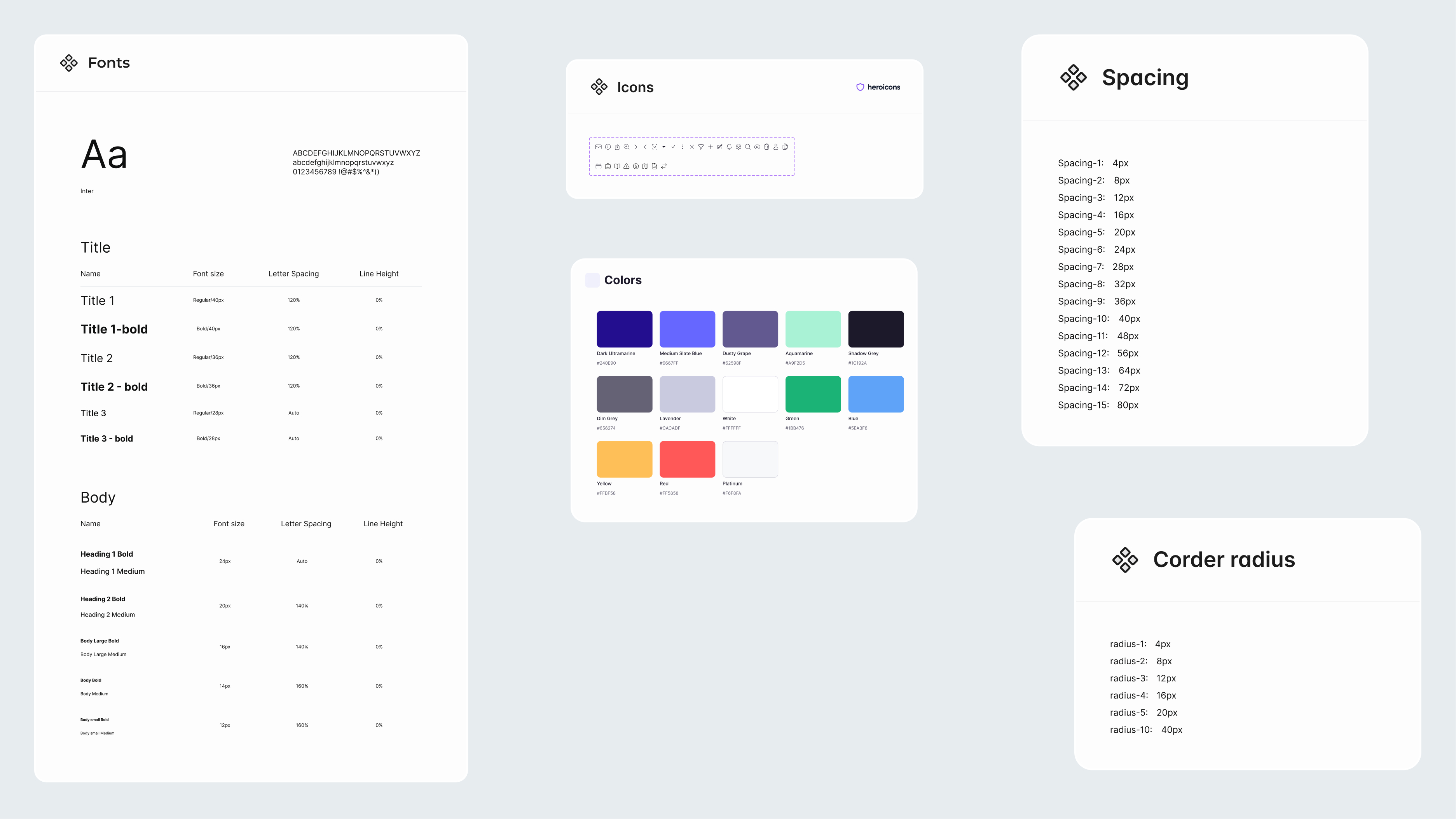 The LocalFlow token sheets: fonts, icons, spacing, colors, and radius