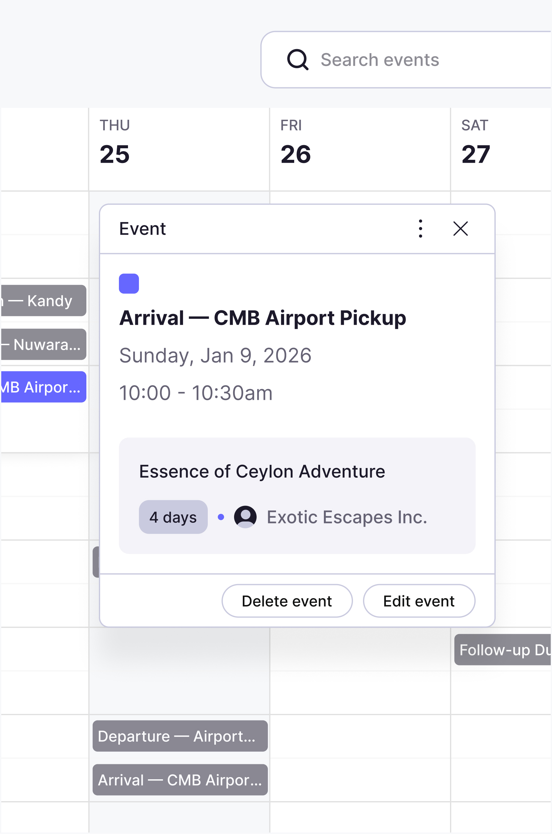 The calendar with an event detail popup