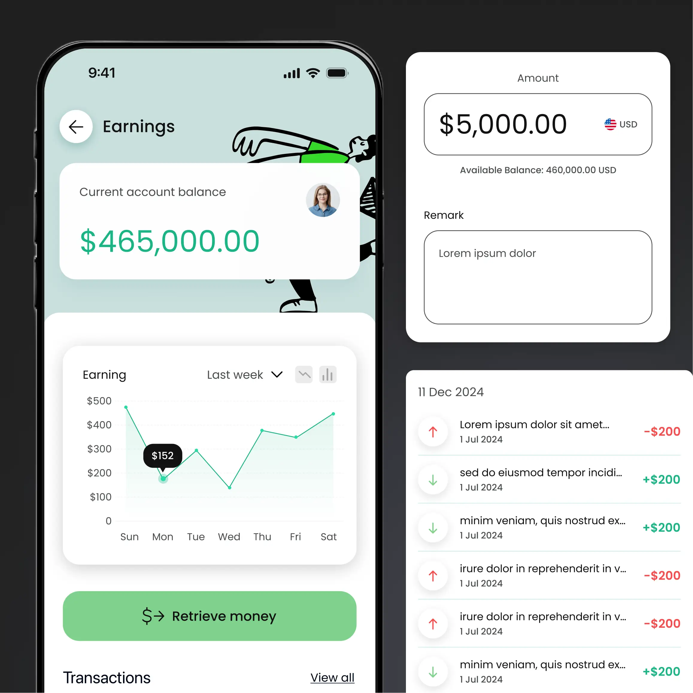 Earnings and withdrawal screens