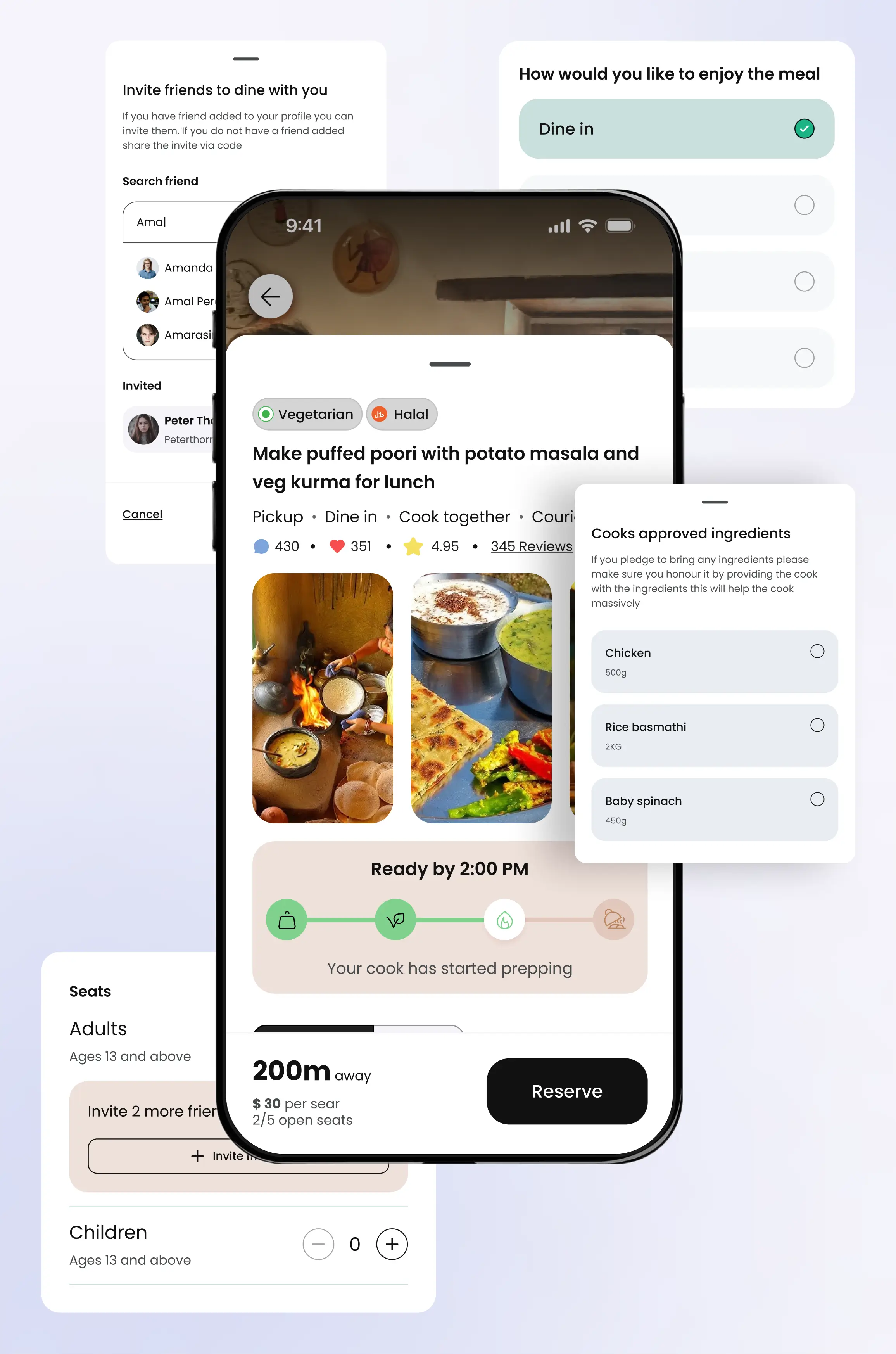 Meal detail and booking screens