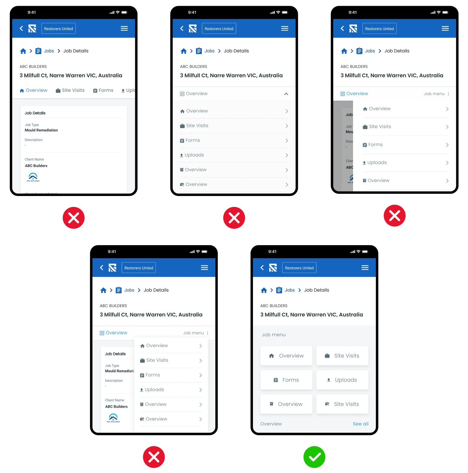 Screenshots with crosses and checks showing the picking of menu designs