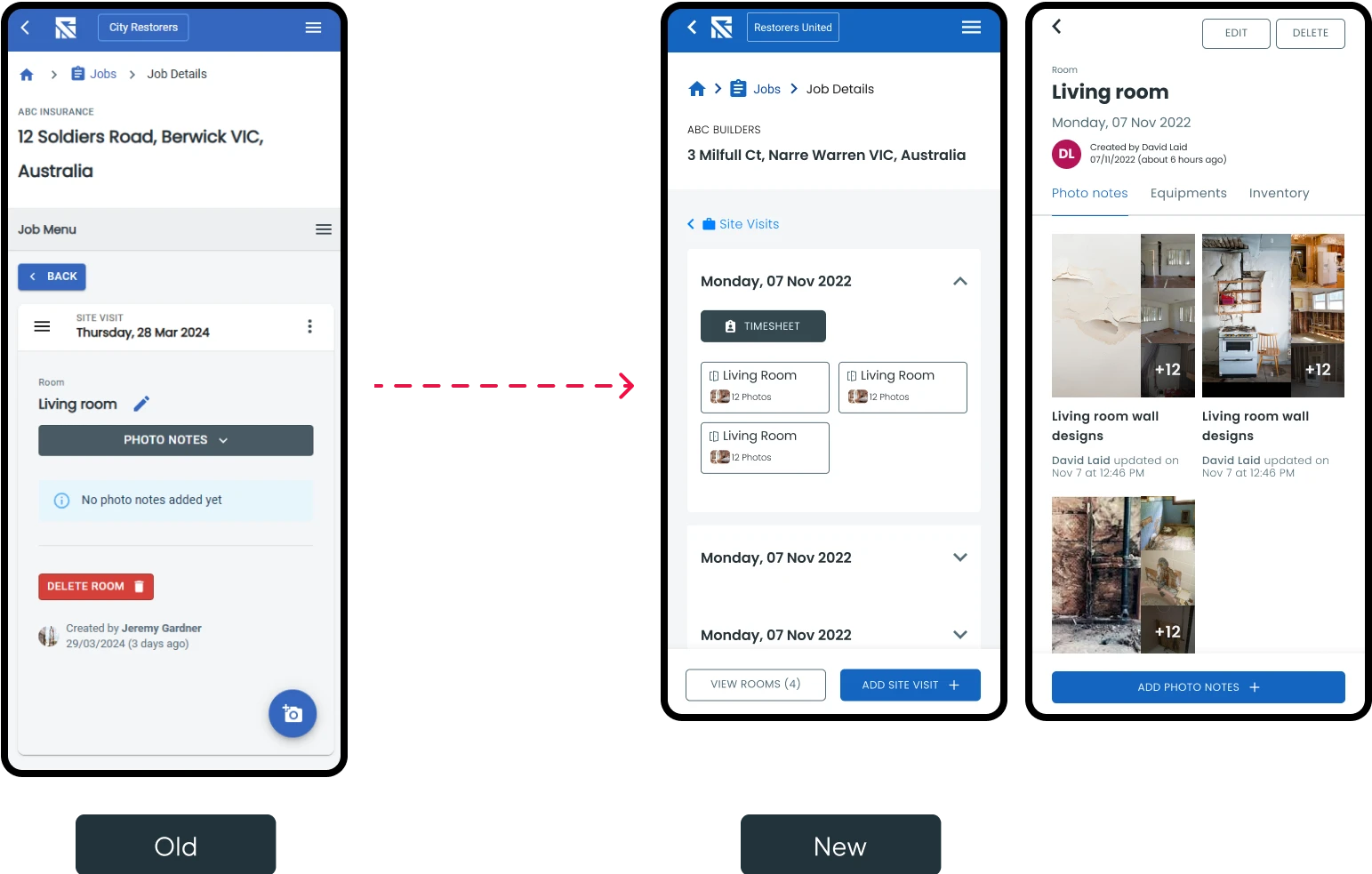 Screenshots showing the old design versus the new design