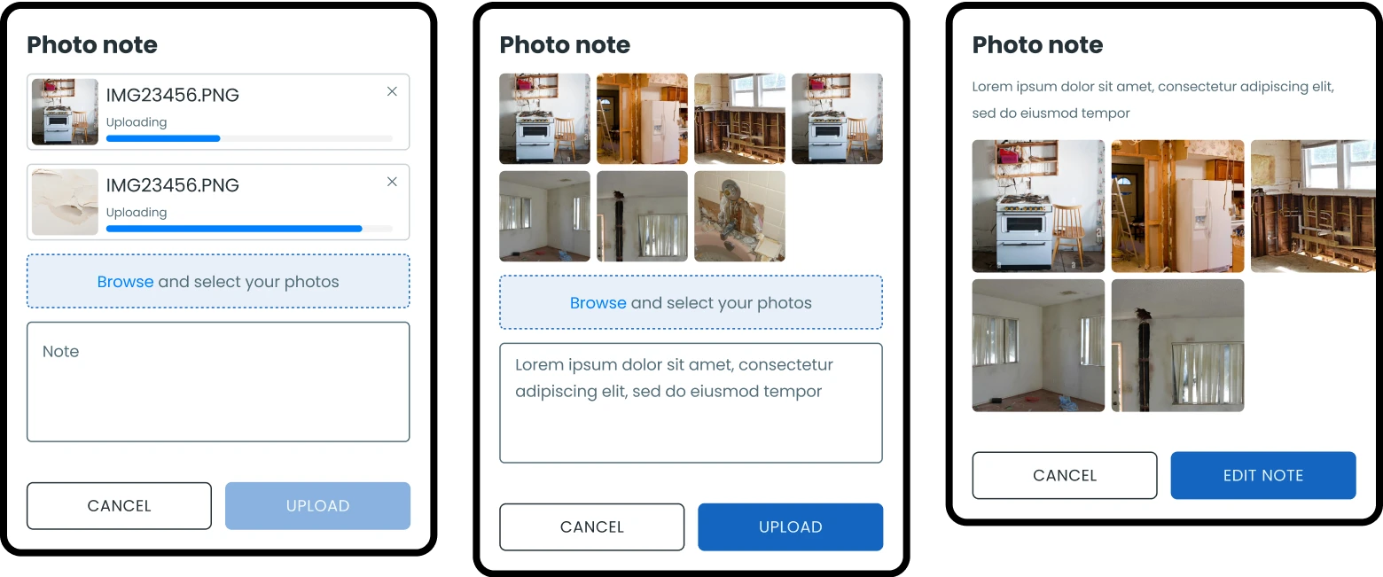 Screenshots set in a row showing the new photo upload flow