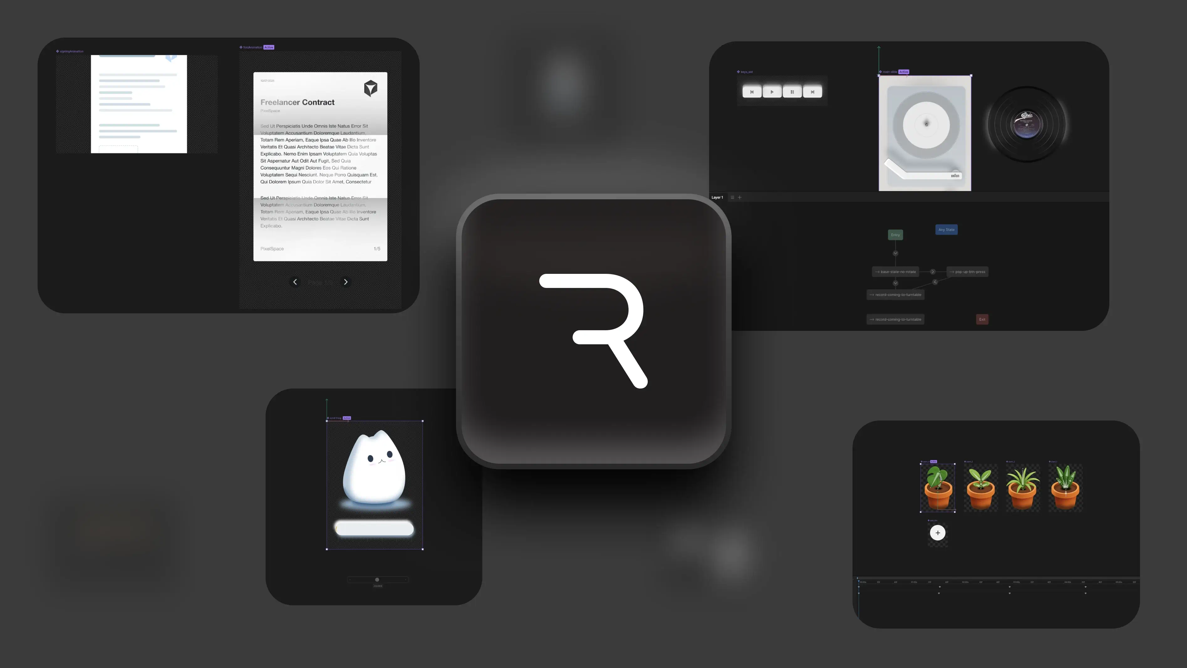 Rive logo surrounded by UI design panels