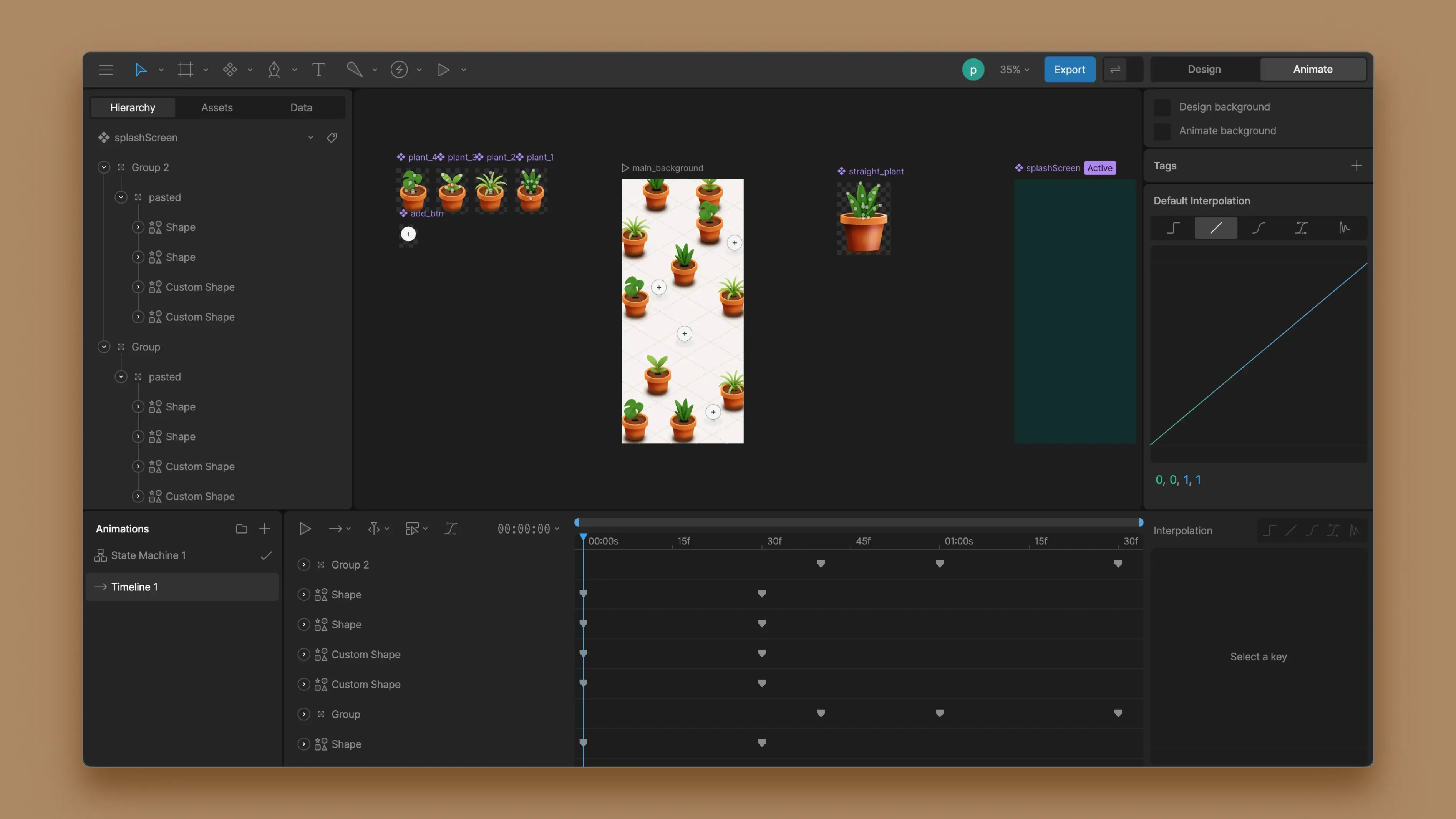 Rive animation editor showing plant illustrations and keyframe timeline