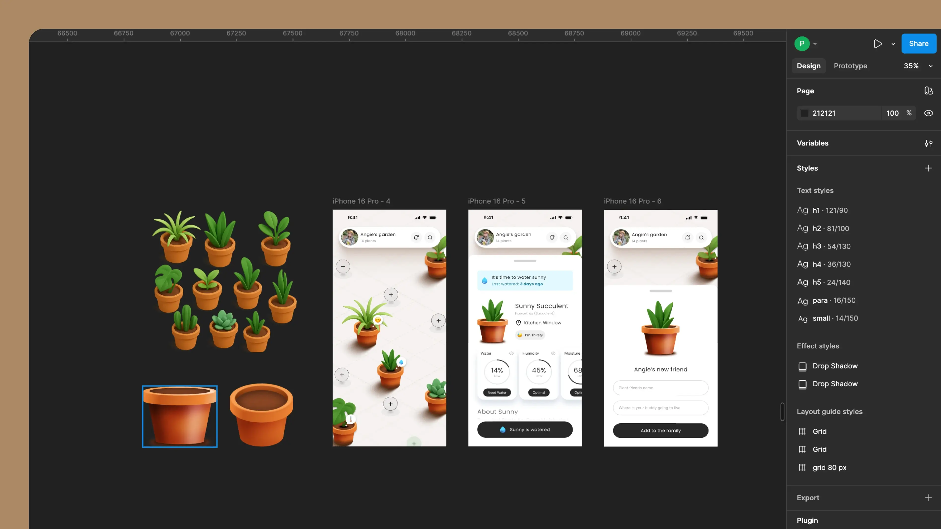 Figma design workspace showing potted plant icons and the Angie's Garden app screens